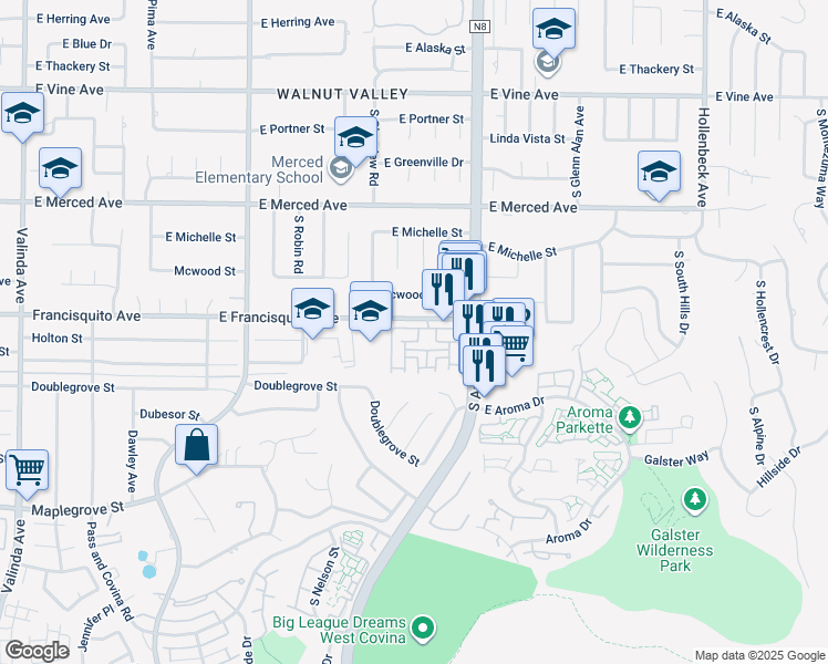 map of restaurants, bars, coffee shops, grocery stores, and more near 1649 Bridgeport in West Covina