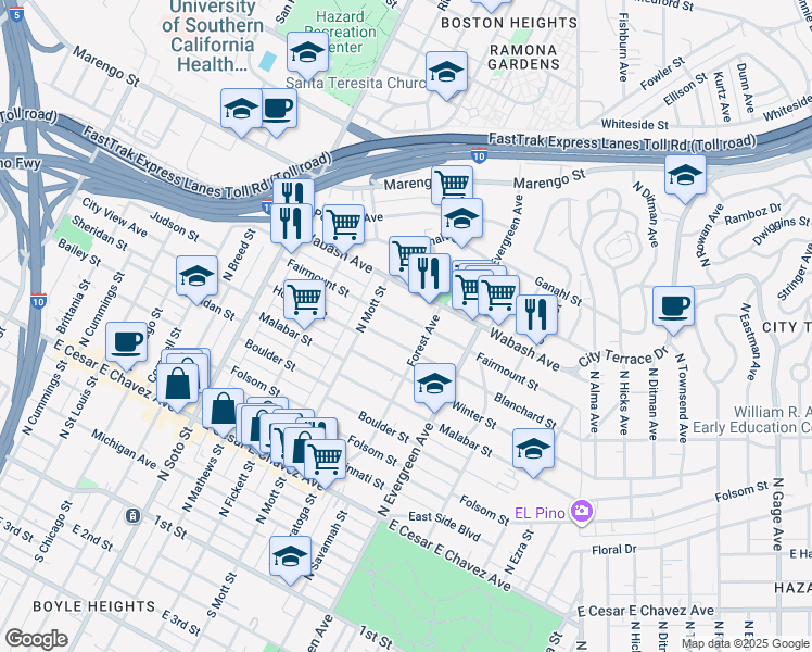map of restaurants, bars, coffee shops, grocery stores, and more near 2722 Fairmount Street in Los Angeles