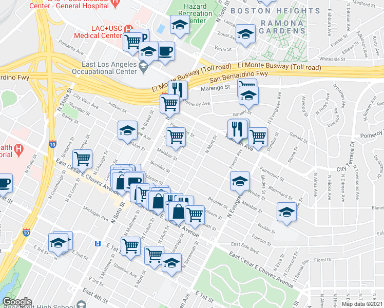 map of restaurants, bars, coffee shops, grocery stores, and more near 2506 Houston Street in Los Angeles