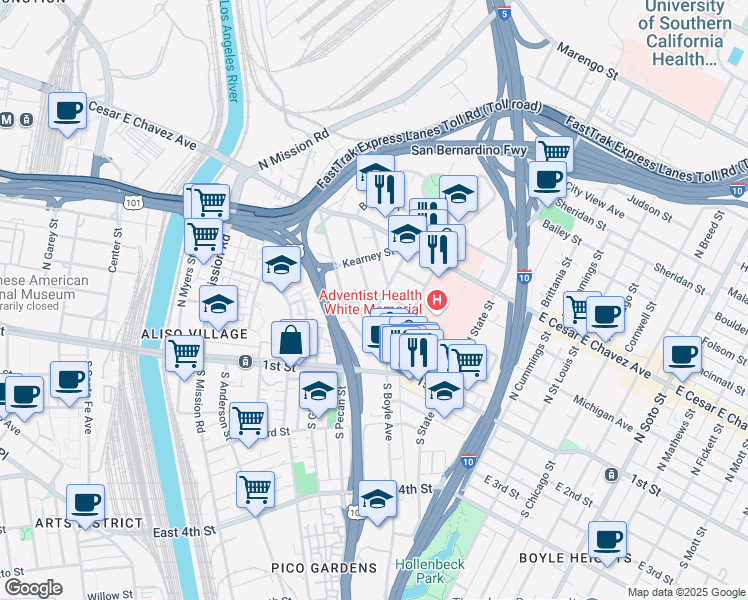 map of restaurants, bars, coffee shops, grocery stores, and more near 1515 Michigan Avenue in Los Angeles