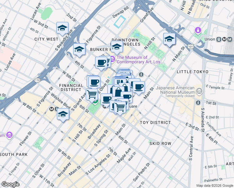 map of restaurants, bars, coffee shops, grocery stores, and more near 351 South Broadway in Los Angeles