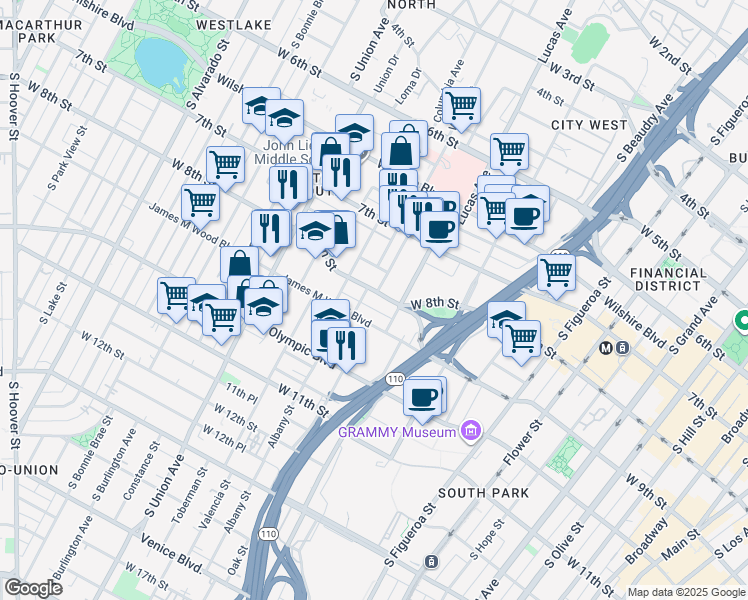 map of restaurants, bars, coffee shops, grocery stores, and more near 1238 West 8th Street in Los Angeles