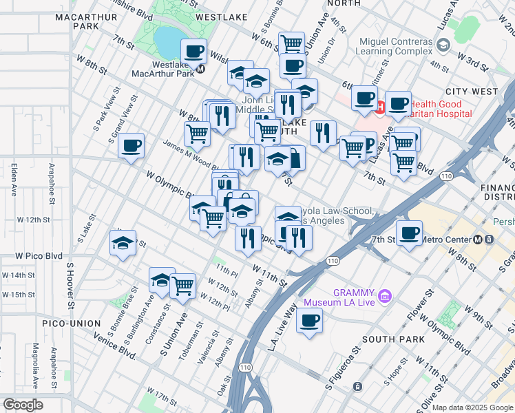 map of restaurants, bars, coffee shops, grocery stores, and more near 1520 James M Wood Boulevard in Los Angeles