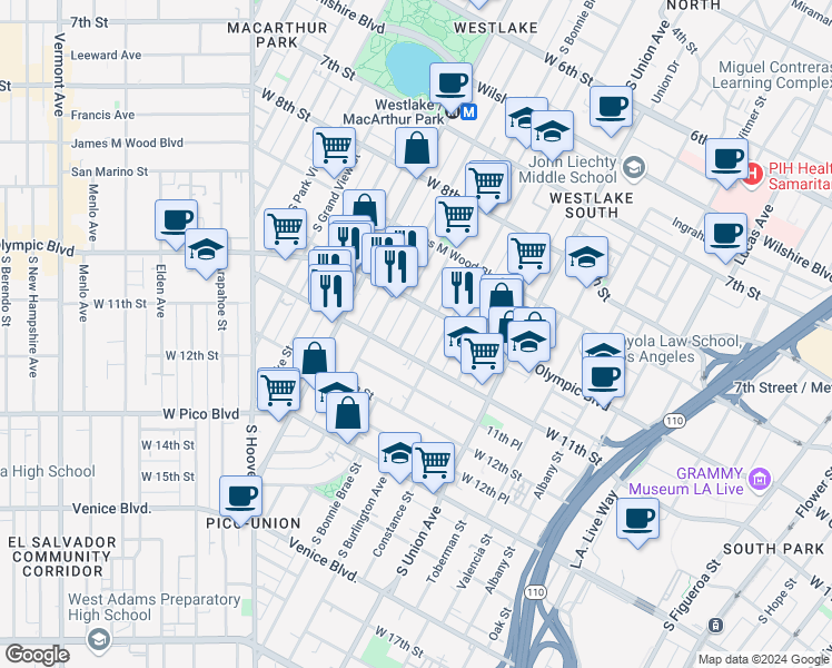map of restaurants, bars, coffee shops, grocery stores, and more near in Los Angeles