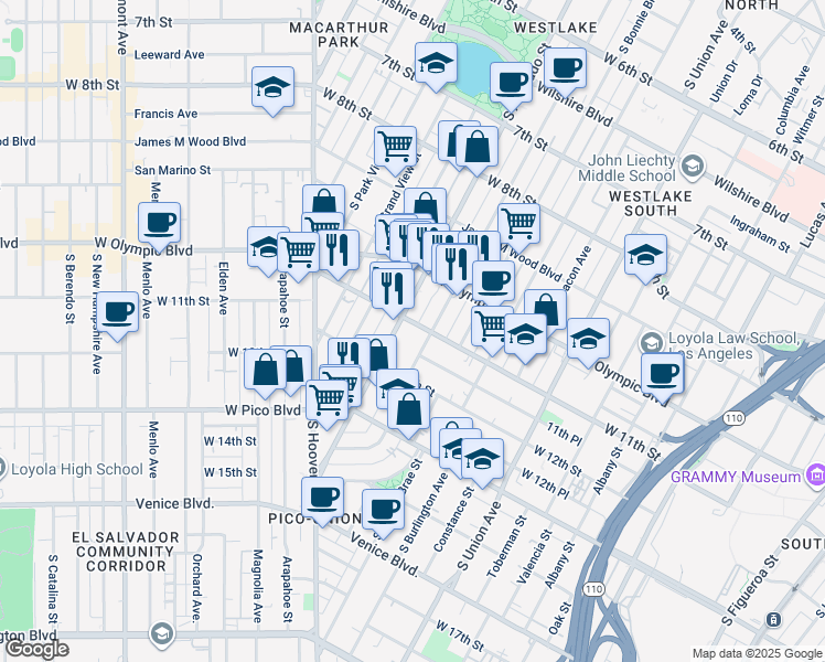 map of restaurants, bars, coffee shops, grocery stores, and more near 2100w West 11th Street in Los Angeles