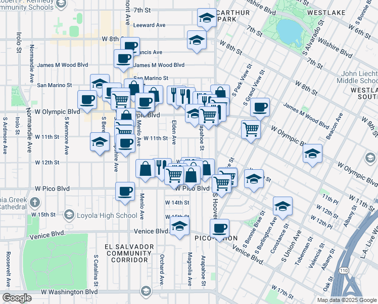 map of restaurants, bars, coffee shops, grocery stores, and more near 1125 Magnolia Avenue in Los Angeles