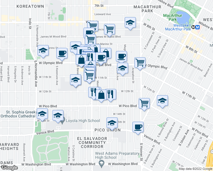 map of restaurants, bars, coffee shops, grocery stores, and more near 1118 1/2 Menlo Avenue in Los Angeles