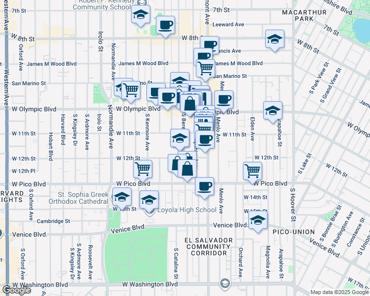 map of restaurants, bars, coffee shops, grocery stores, and more near 1131 South New Hampshire Avenue in Los Angeles
