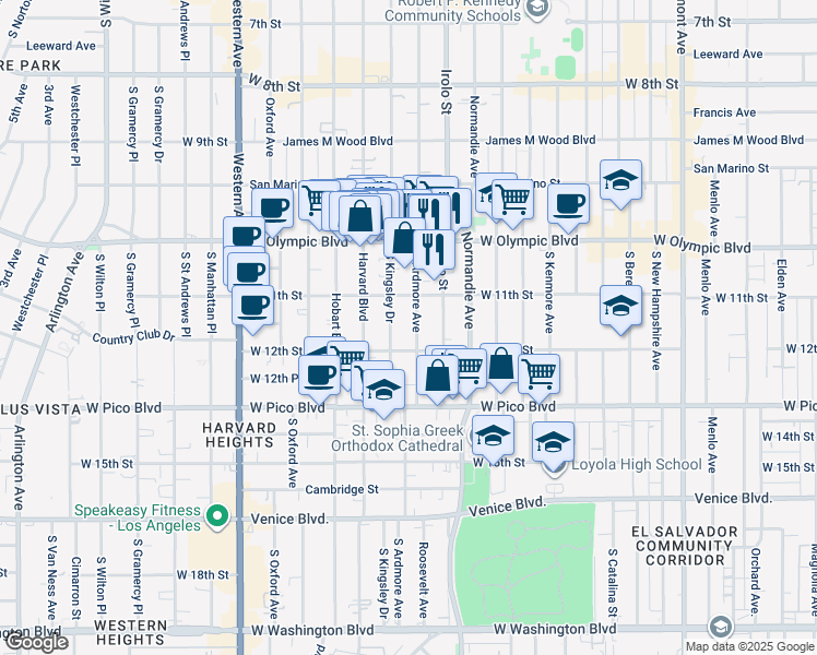 map of restaurants, bars, coffee shops, grocery stores, and more near 1128 South Ardmore Avenue in Los Angeles