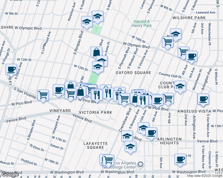 map of restaurants, bars, coffee shops, grocery stores, and more near 1237 South Windsor Boulevard in Los Angeles