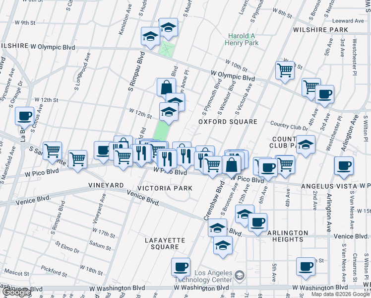map of restaurants, bars, coffee shops, grocery stores, and more near 1230 South Lucerne Boulevard in Los Angeles