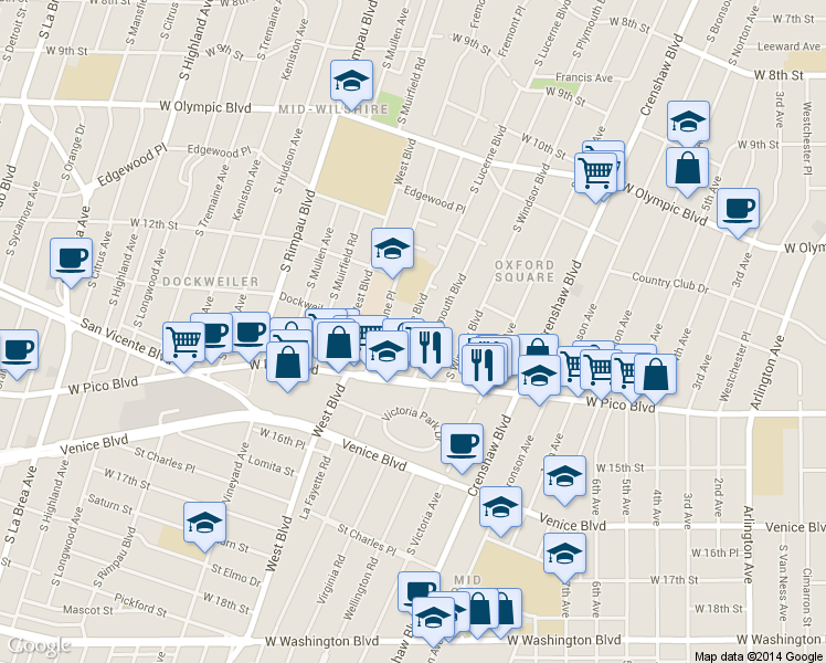 map of restaurants, bars, coffee shops, grocery stores, and more near 1230 South Lucerne Boulevard in Los Angeles