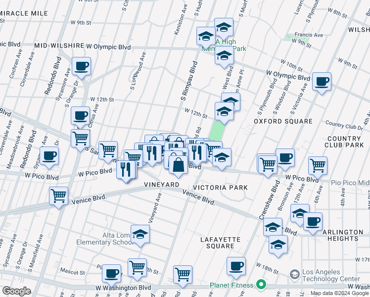 map of restaurants, bars, coffee shops, grocery stores, and more near 1266 South Mullen Avenue in Los Angeles