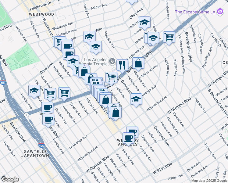 map of restaurants, bars, coffee shops, grocery stores, and more near 1810 Malcolm Avenue in Los Angeles