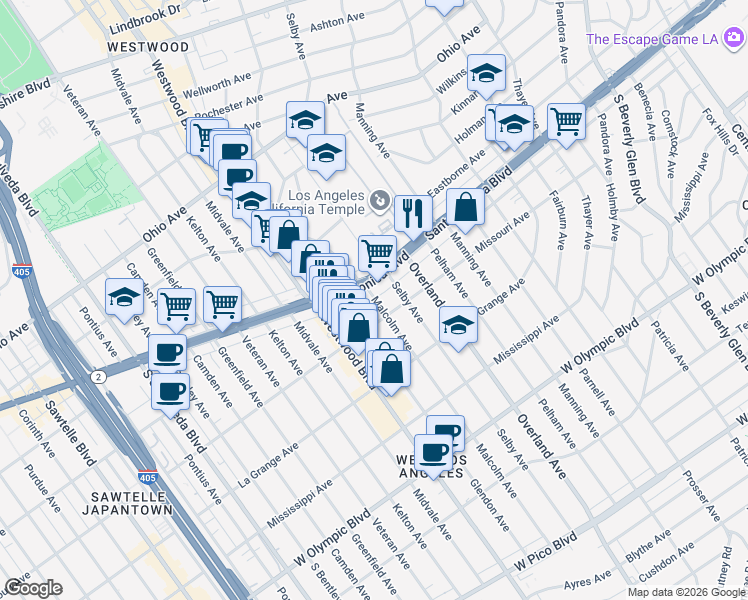 map of restaurants, bars, coffee shops, grocery stores, and more near 1810 Malcolm Avenue in Los Angeles
