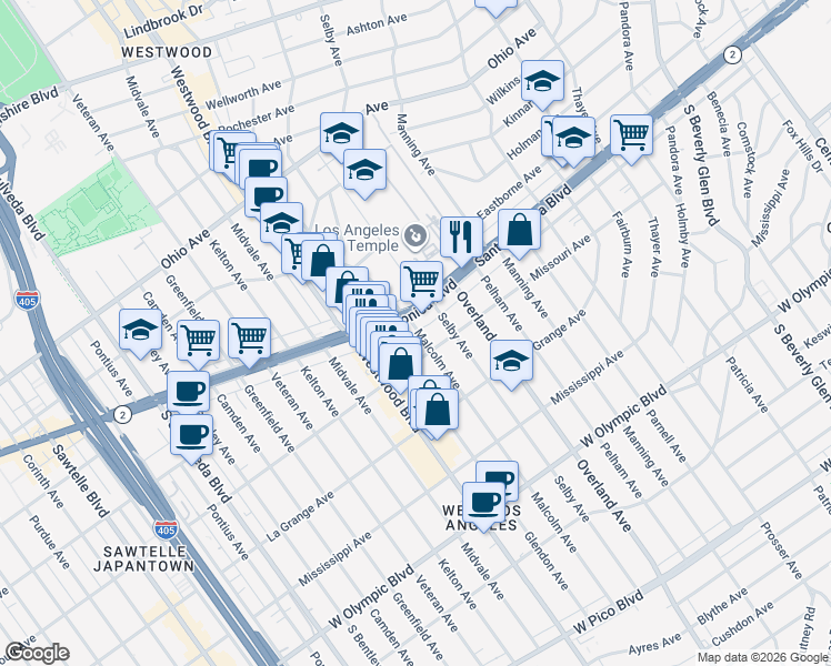 map of restaurants, bars, coffee shops, grocery stores, and more near 1810 Malcolm Avenue in Los Angeles