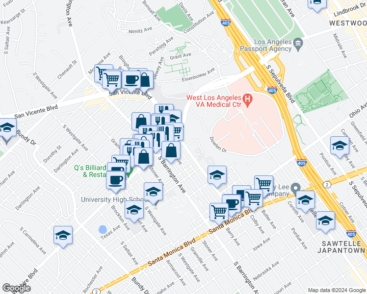 map of restaurants, bars, coffee shops, grocery stores, and more near 1250 Federal Avenue in Los Angeles
