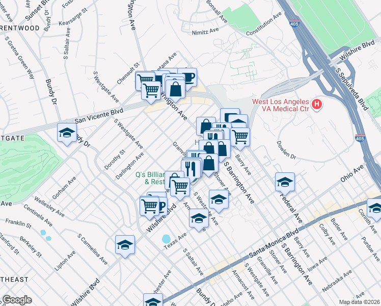 map of restaurants, bars, coffee shops, grocery stores, and more near 11717 Kiowa Avenue in Los Angeles