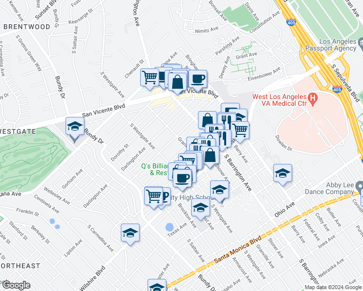 map of restaurants, bars, coffee shops, grocery stores, and more near 11717 Kiowa Avenue in Los Angeles