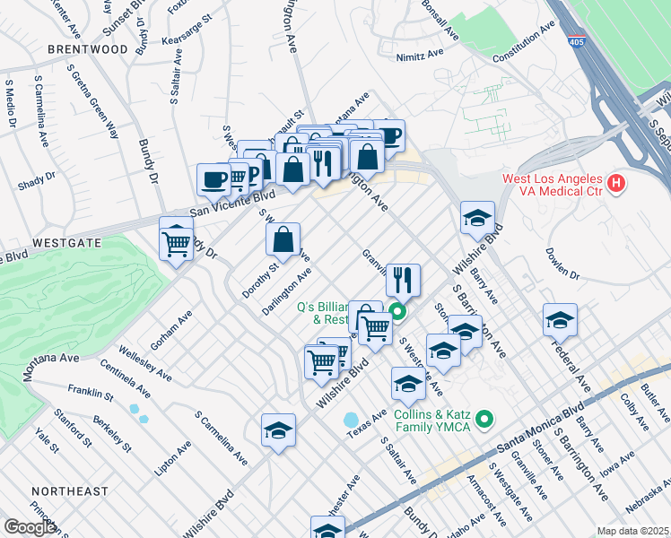 map of restaurants, bars, coffee shops, grocery stores, and more near 11854 Darlington Avenue in Los Angeles