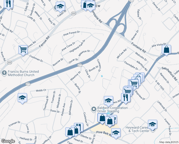 map of restaurants, bars, coffee shops, grocery stores, and more near 4013 Booth Street in Columbia