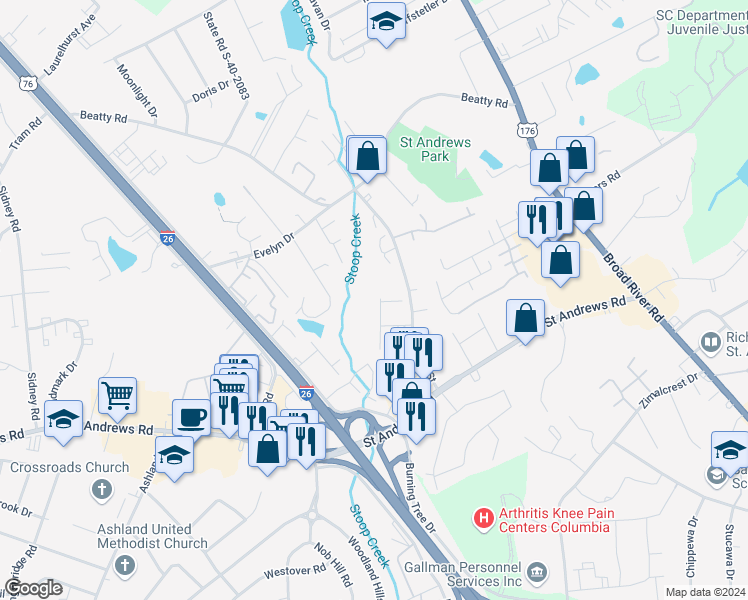 map of restaurants, bars, coffee shops, grocery stores, and more near 4006 Autumn Ridge in Columbia