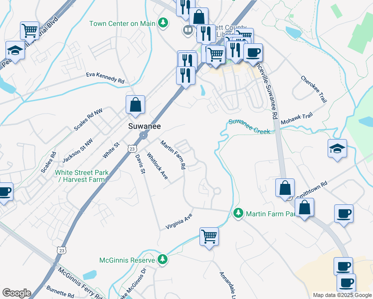 map of restaurants, bars, coffee shops, grocery stores, and more near 509 Suwanee Pass Lane in Suwanee