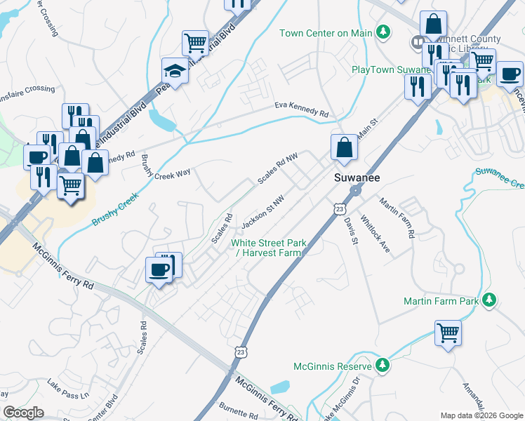 map of restaurants, bars, coffee shops, grocery stores, and more near 569 Jackson Street Northwest in Suwanee