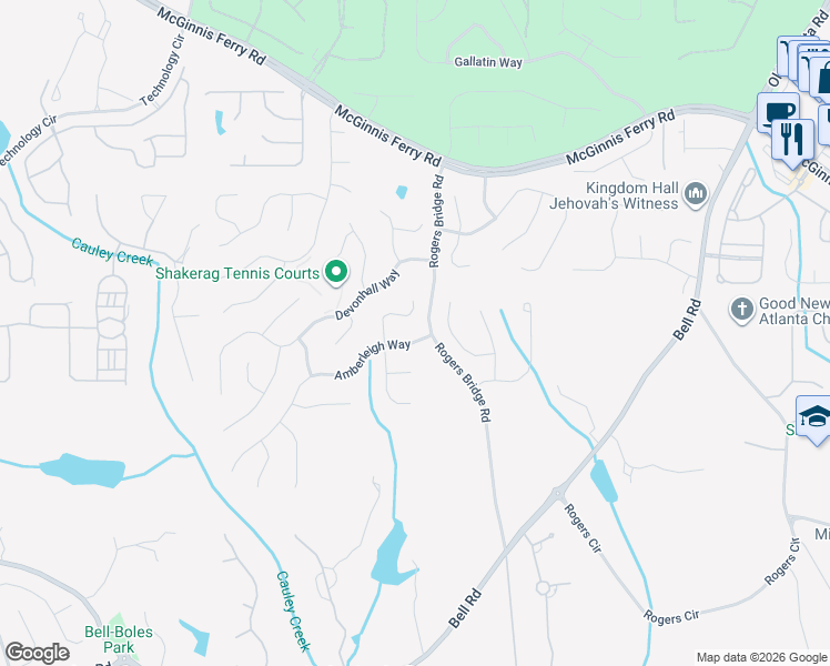 map of restaurants, bars, coffee shops, grocery stores, and more near 7340 Amberleigh Way in Duluth