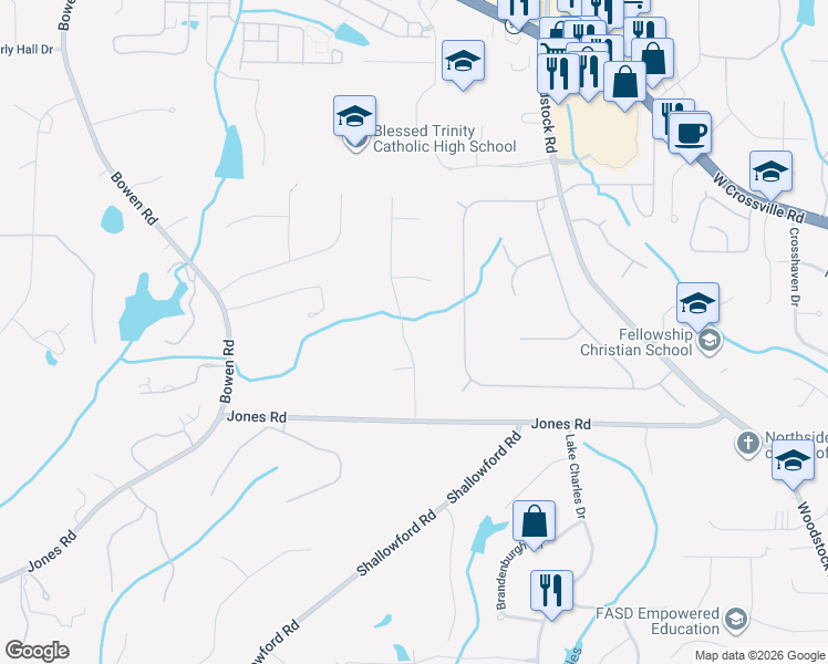 map of restaurants, bars, coffee shops, grocery stores, and more near 255 Spring Creek Road in Roswell