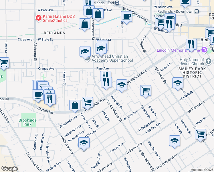 map of restaurants, bars, coffee shops, grocery stores, and more near 1150 Brookside Avenue in Redlands