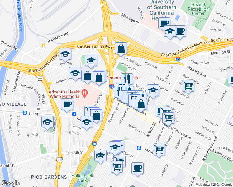 map of restaurants, bars, coffee shops, grocery stores, and more near 511 Brittania Street in Los Angeles