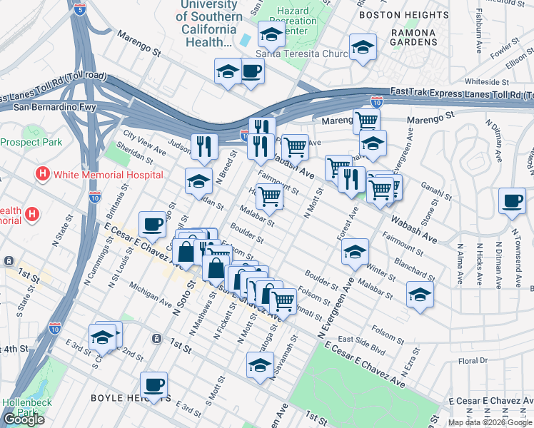 map of restaurants, bars, coffee shops, grocery stores, and more near 2506 Houston Street in Los Angeles