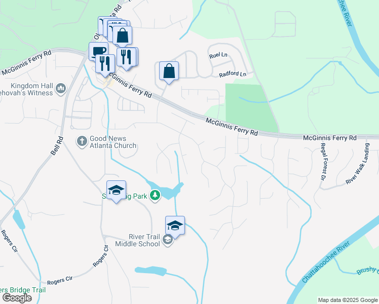 map of restaurants, bars, coffee shops, grocery stores, and more near 310 Ringwood Court in Suwanee