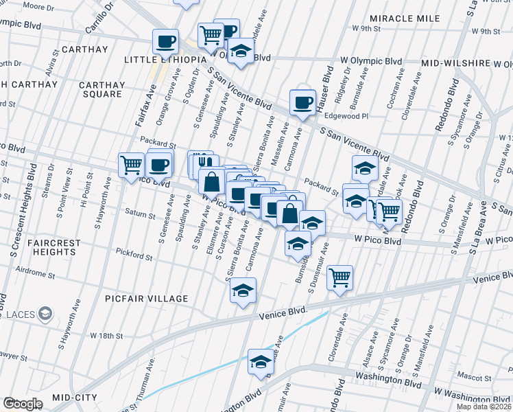 map of restaurants, bars, coffee shops, grocery stores, and more near 1371 Masselin Avenue in Los Angeles