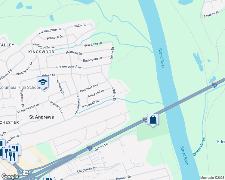 map of restaurants, bars, coffee shops, grocery stores, and more near 2129 Mary Hill Drive in Columbia