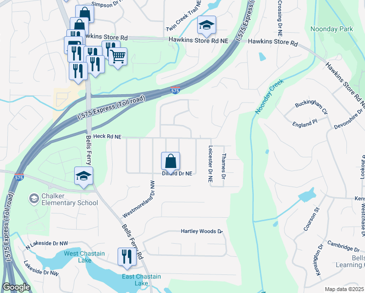 map of restaurants, bars, coffee shops, grocery stores, and more near 3962 Chicamauga Drive in Kennesaw
