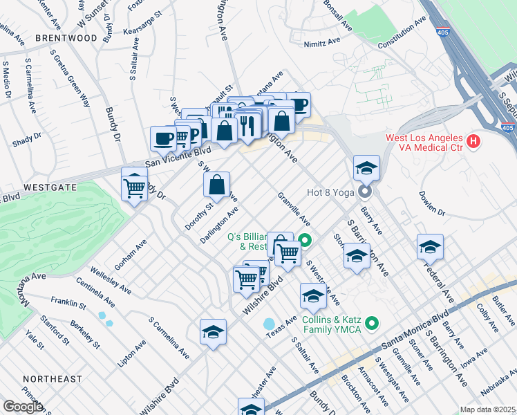 map of restaurants, bars, coffee shops, grocery stores, and more near 11841 Mayfield Avenue in Los Angeles