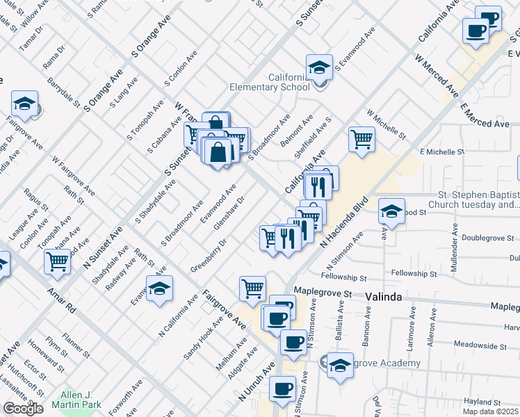 map of restaurants, bars, coffee shops, grocery stores, and more near 1516 Greenberry Drive in La Puente