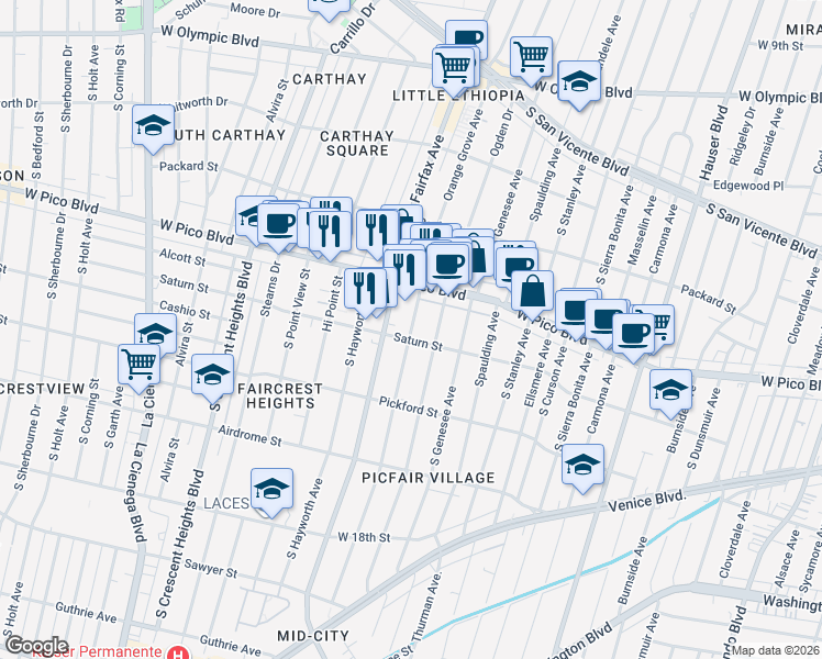 map of restaurants, bars, coffee shops, grocery stores, and more near Orange Grove Avenue in Los Angeles