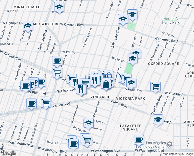 map of restaurants, bars, coffee shops, grocery stores, and more near 1339 South Hudson Avenue in Los Angeles