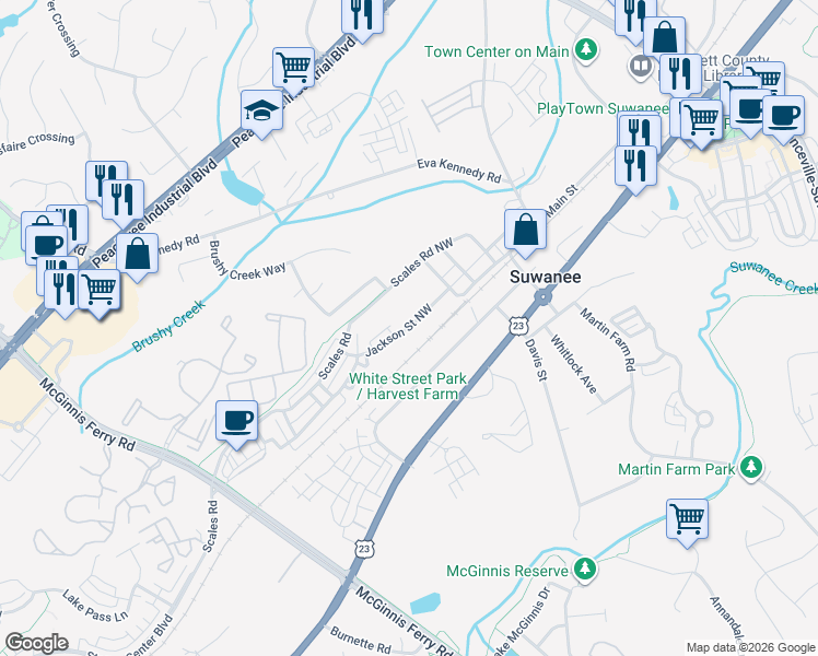 map of restaurants, bars, coffee shops, grocery stores, and more near 569 Jackson Street Northwest in Suwanee