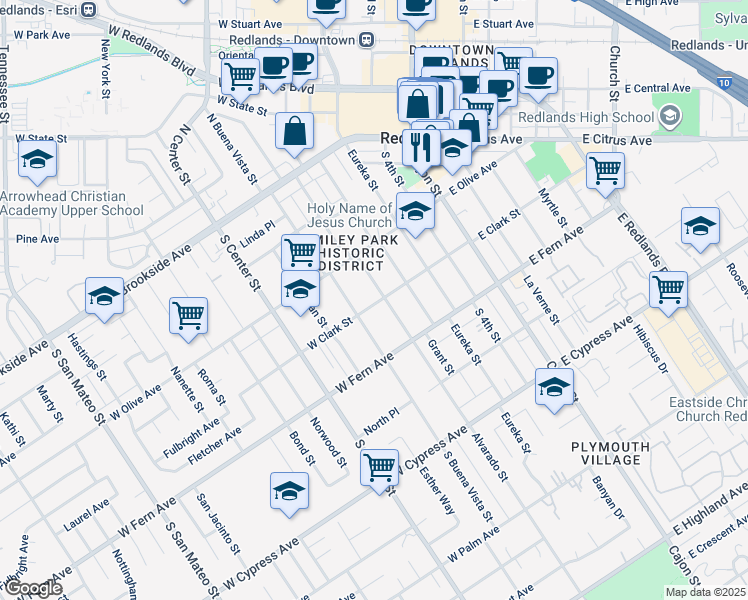 map of restaurants, bars, coffee shops, grocery stores, and more near 262 Alvarado Street in Redlands