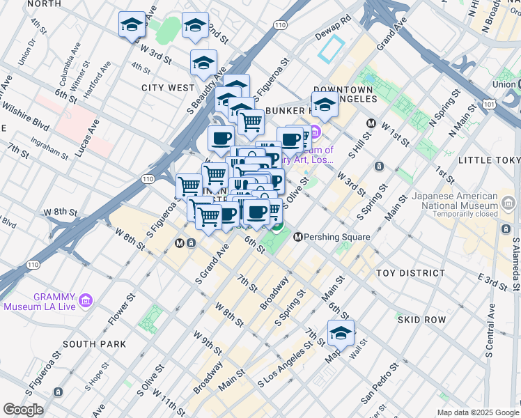 map of restaurants, bars, coffee shops, grocery stores, and more near 500 South Grand Avenue in Los Angeles