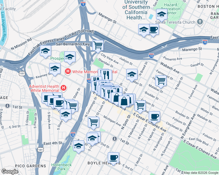 map of restaurants, bars, coffee shops, grocery stores, and more near 547 North Saint Louis Street in Los Angeles