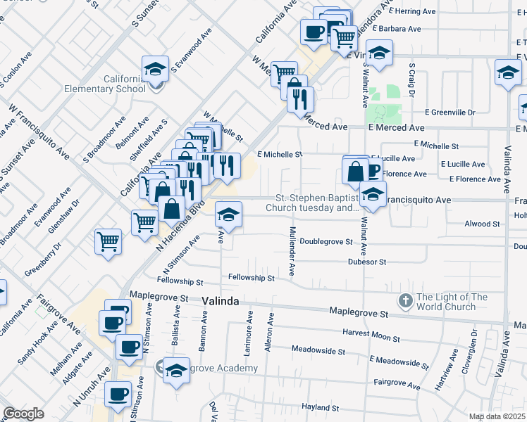 map of restaurants, bars, coffee shops, grocery stores, and more near 15773 Alwood Street in La Puente