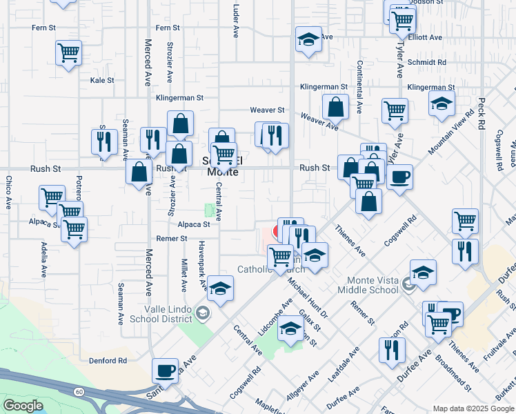 map of restaurants, bars, coffee shops, grocery stores, and more near 1822 Doreen Avenue in South El Monte
