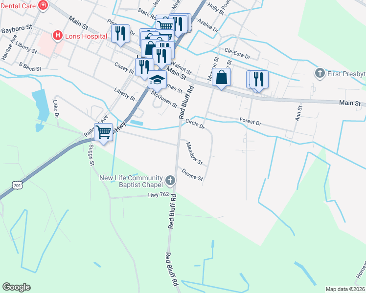 map of restaurants, bars, coffee shops, grocery stores, and more near 4907 Meadow Street in Loris