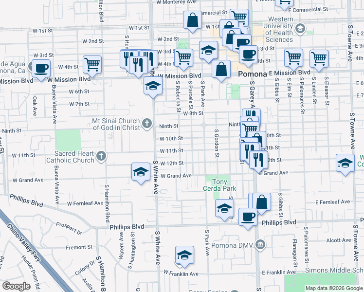 map of restaurants, bars, coffee shops, grocery stores, and more near 1060 South Rebecca Street in Pomona