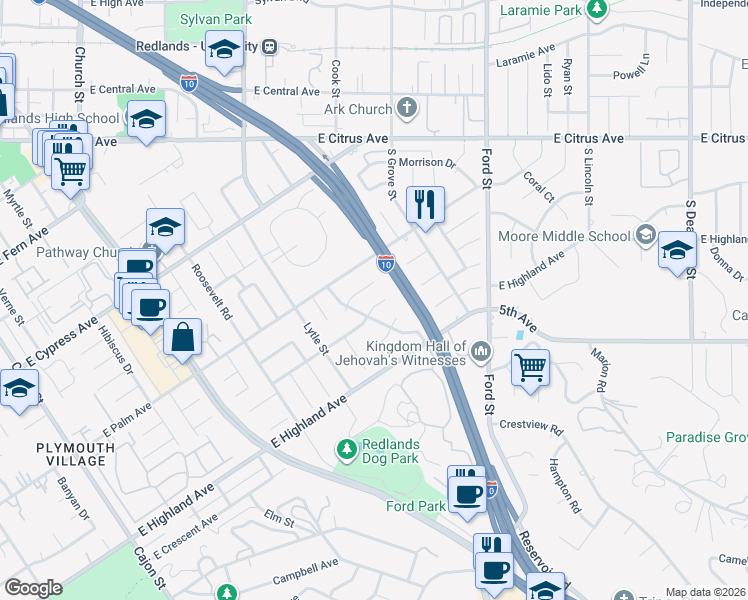map of restaurants, bars, coffee shops, grocery stores, and more near 1033 Evergreen Court in Redlands